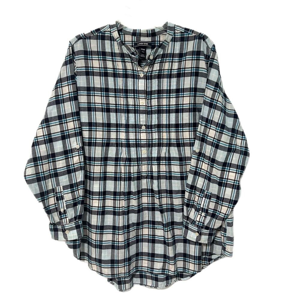 Lands End Plaid Flannel Tunic Popover Shirt Women 20W Blue Long Sleeve FLAW